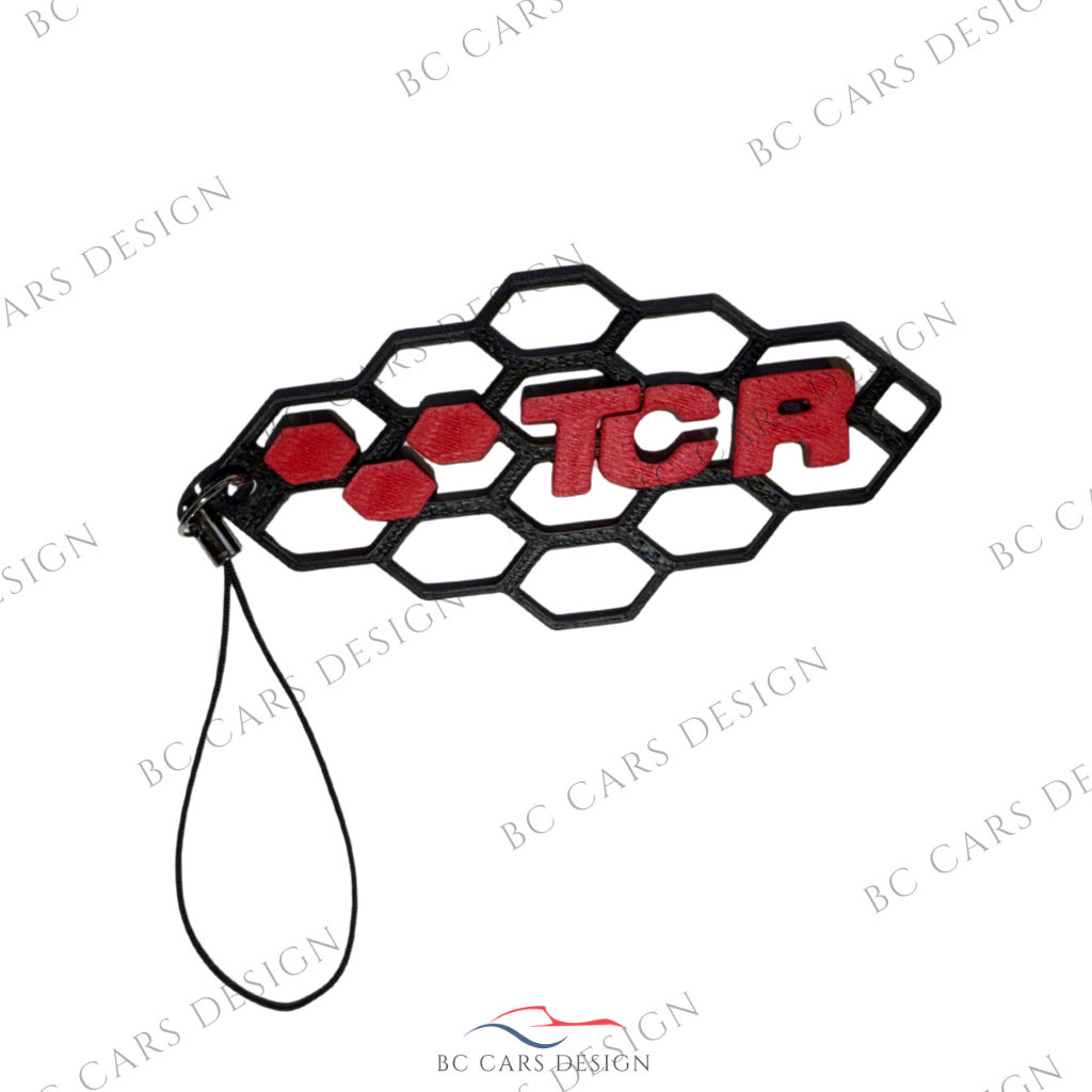 Porte-clé design TCR – Fond noir & lettres rouges